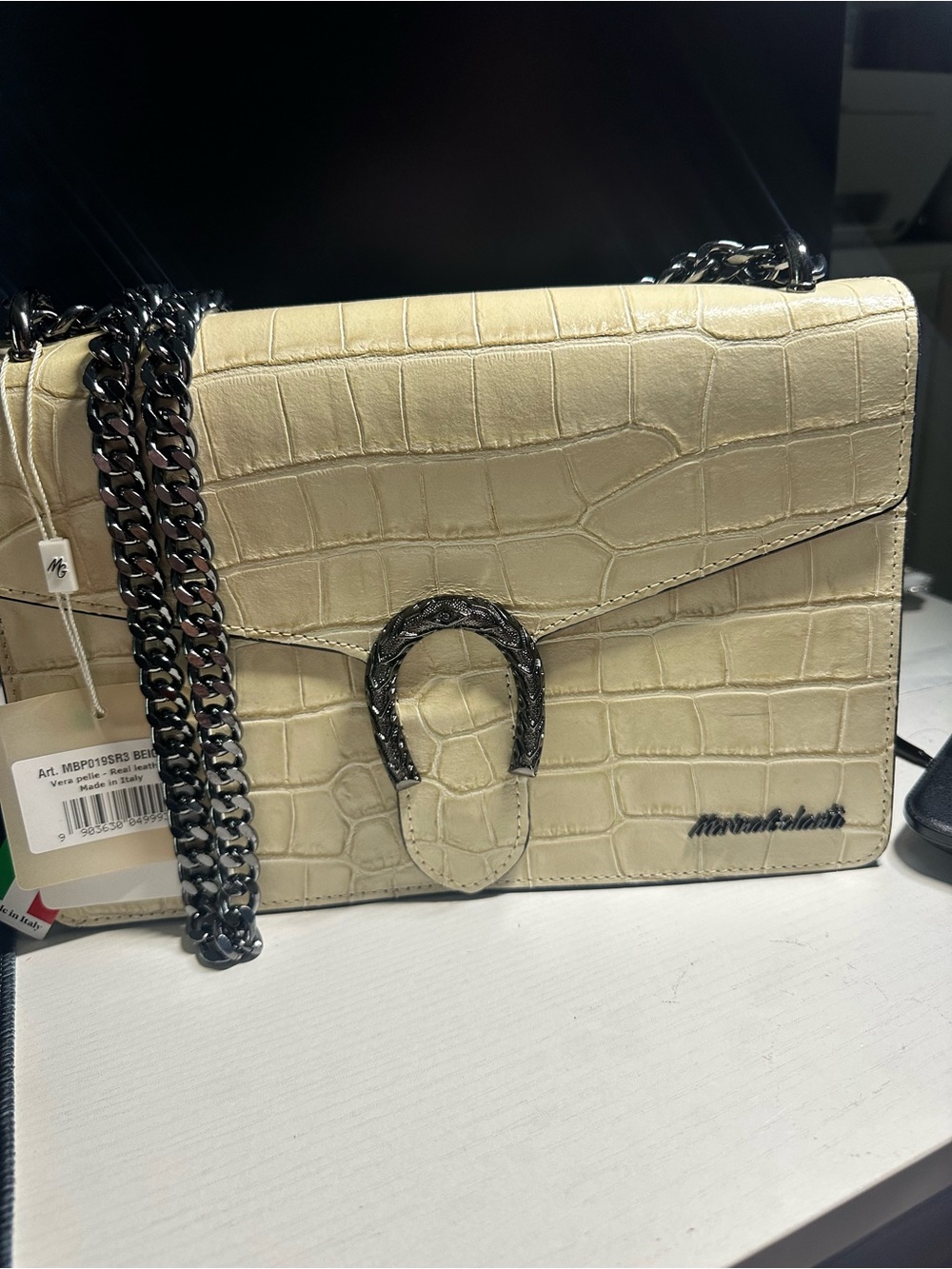 Croc-Embossed Crossbody Bag with Gunmetal Chain - Cream
